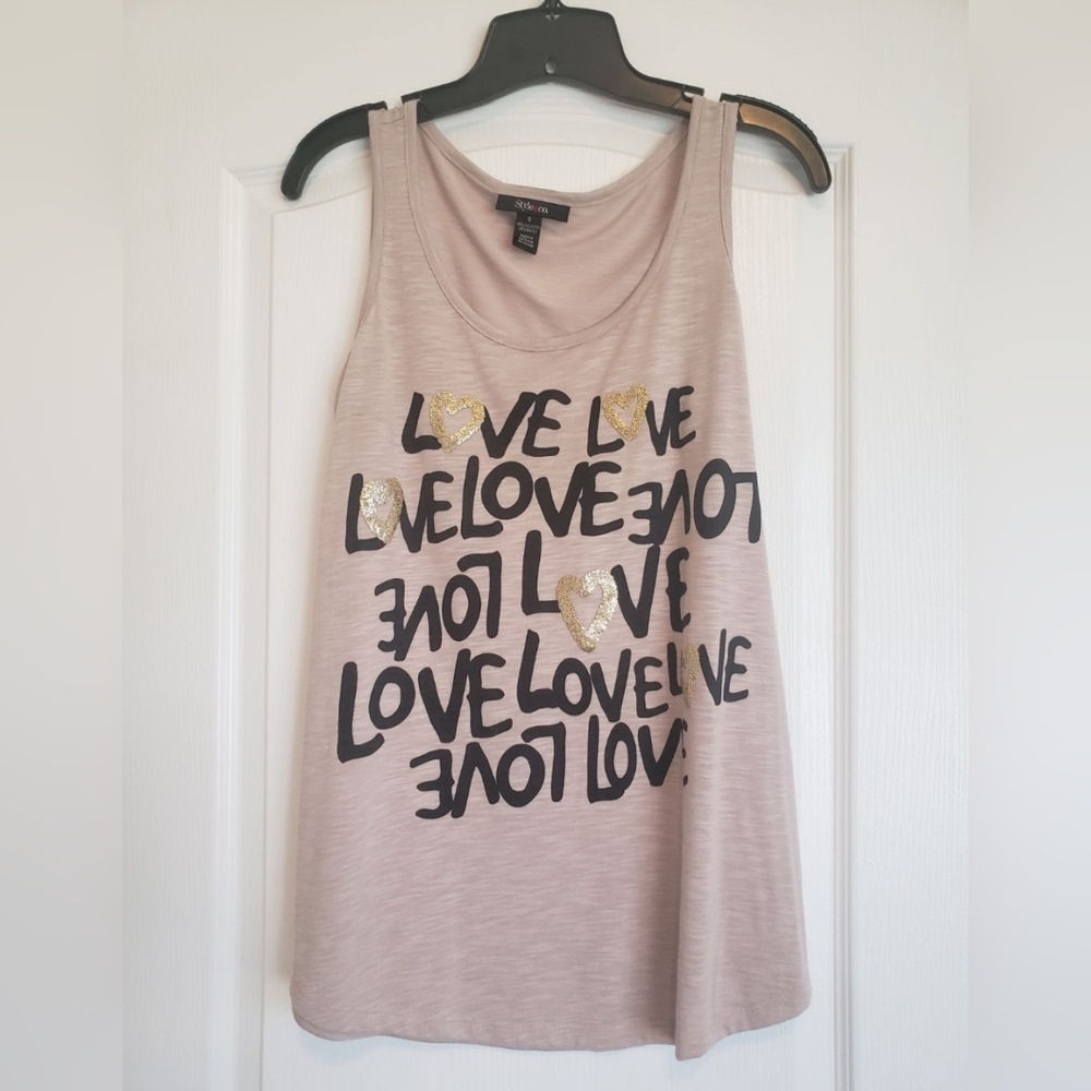 Love Graphic Tank Top Shirt Flowy Summer Black, Tan, Gold Nwot Small Graffiti